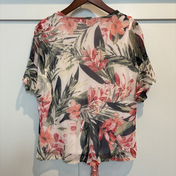 Cocomo Shirt Women Large Pink Green Floral Mesh Overlay Sheer Layered Tie Front - Picture 8 of 12